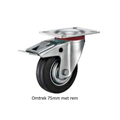 Zwenkwiel met rem 75 mm 40 kg massief rubber zwart