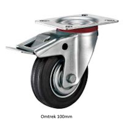 Zwenkwiel met rem 100 mm 60 kg massief rubber zwart